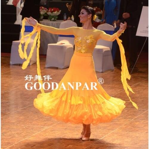 New! costumes ballroom dance dress for women competition dresses standard dress white dancing clothes long sleeveostrich yellow