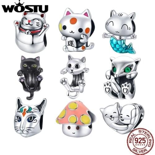 WOSTU Authentic 925 Sterling Silver Maneki Neko Cat Beads Charms Pendant Fit Bracelets Women Party DIY Fine Jewelry Gift Making