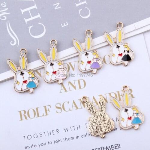 Cartoon Alice In Wonderland Princess Rabbit Pendants Enamel Alloy Metal Diy Handmade Earrings Accessories Jewelry Findings 10pcs