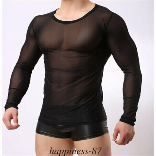 Fashion New Hot SaleMens Boy See-through Sheer Mesh Long Sleeve Muscle Bodybuilding T-Shirt Top Tee