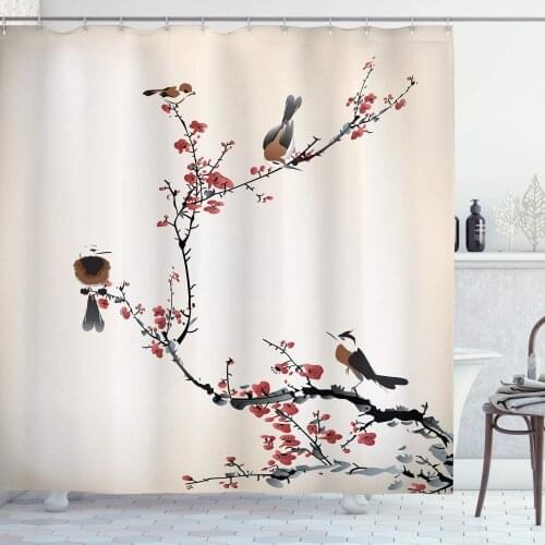 Birds on Cherry Tree Branches Summer Classic Illustration Bathroom Décor
