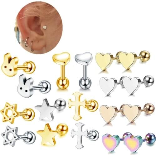 1PC Crystal Flower Tragus Piercing Earring Flat Gold Cross Cartilage Piercing Stud Helix Jewelry Heart Star Earrings Labret Stud
