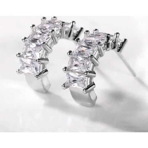 Huitan Newest Women Stud Earrings Full Rectangle Shape Cubic Zirconia Silver Color Fashion Accessories Versatile Luxury Jewelry