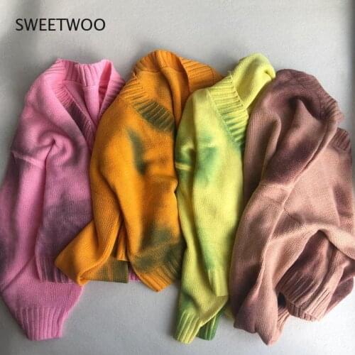 Autumn New Women Tie Dye Sweaters Vintage Yellow Green Pullovers Jumper Fashion Sweatershirt Brooch Casual Cardigan Sweater
