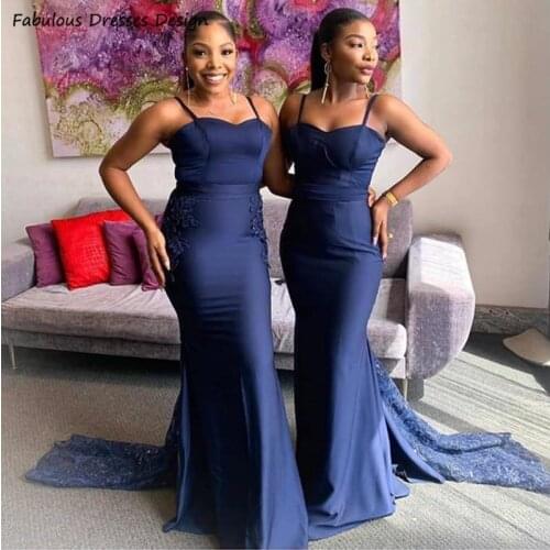 Navy Blue Applique Lace Bridesmaid Dresses African Mermaid Sweep Train Vestidos 2021 Spaghetti Strap Long Wedding Party Dress