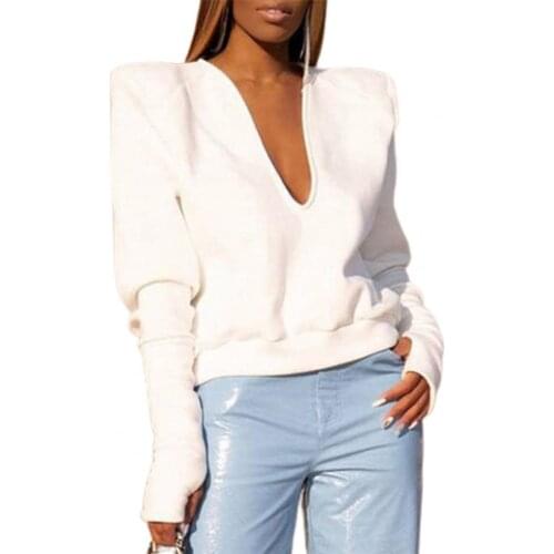 Lady Social Shirt Top Deep V Neck Solid Color Western Right Shoulder Women Long Sleeve Shirt for Autumn Office Streetwear