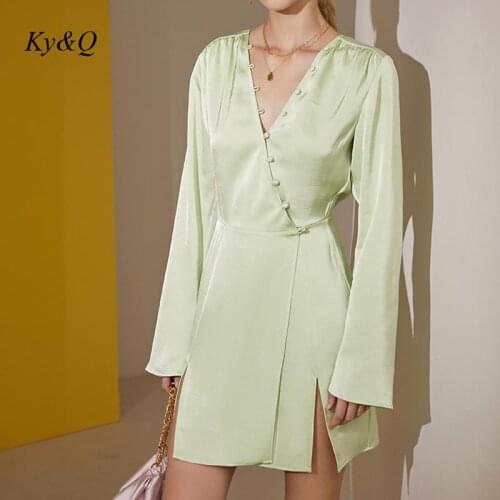 Luxury Brand 2021 Temperament Button Satin Dress Gather Waist Summer New V-Neck Advanced Sense Thin Long Sleeve Shirt Dresses