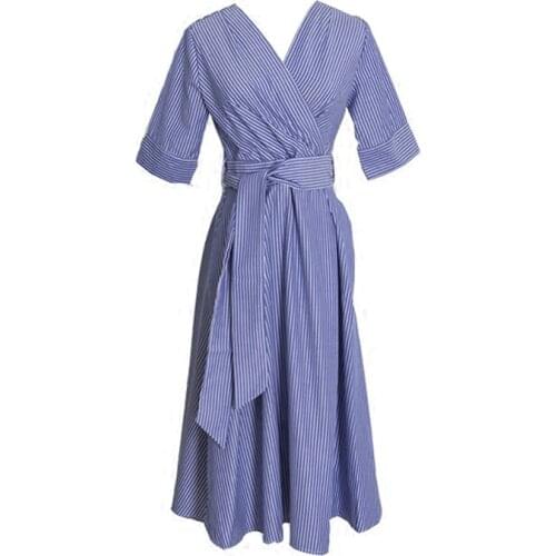 PERHAPS U Blue White Strip V Neck Sash Bow Short Sleeve Midi Dress Zipper Office Lady Elegant Autumn Dress A Line D0267
