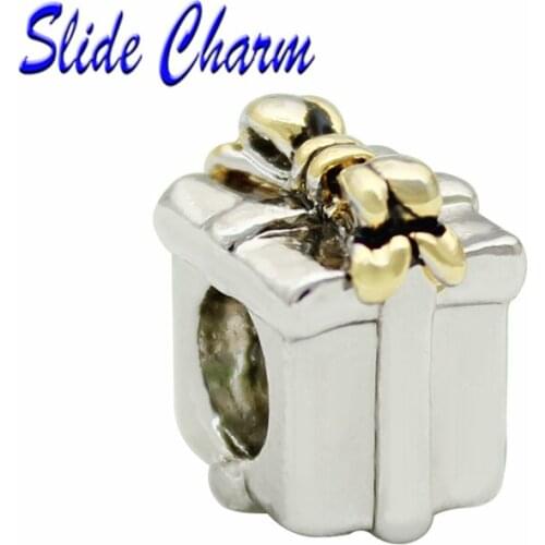 5mm straight hole fashion jewelry DIYcharm European and American wind wrapped gift box charm bead Fit Pandora Bracelet Necklace