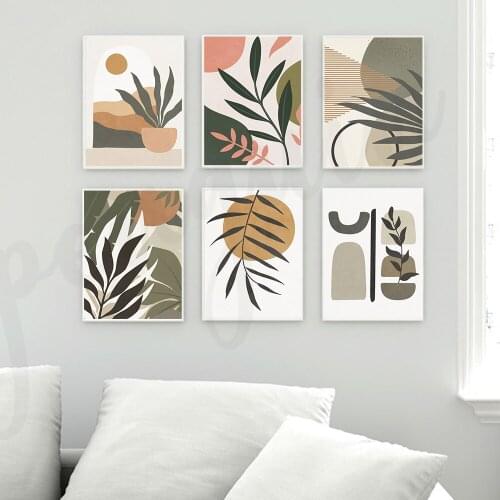 Abstract Geometry Green Leaves Canvas Painting Boho Plant Print Wall Posters Nordic Living Room Wall Decoration