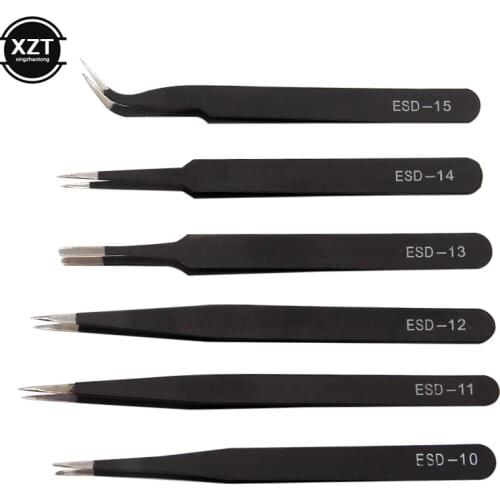 1/6 PCS Anti-static ESD Stainless Steel Tweezers Maintenance Tools Industrial Precision Curved Straight Tweezers Repair Tools