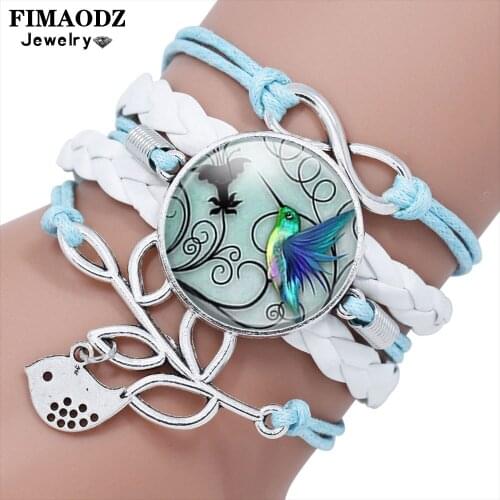 FIMAODZ Hummingbird Infinity Love Bracelet Lovely Bird Picture Glass Gem Leather Bracelets Bangles for Women Kids Jewelry Gift