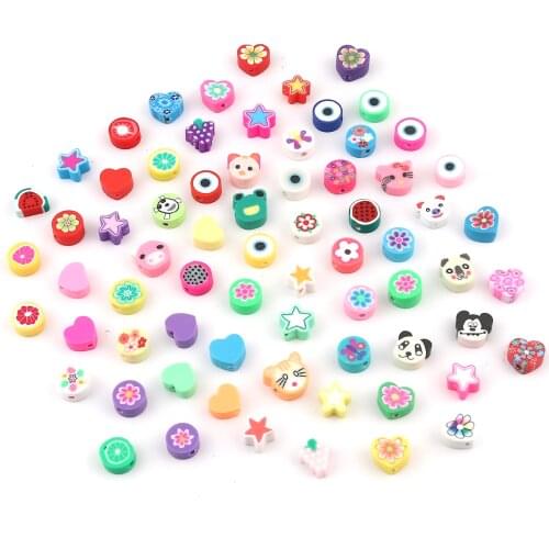 Polymer Clay Beads At Random Color Fruits Animals Round Flower Loose Spacer Beads DIY Making Bracelets Jewelry Findings,50PCs