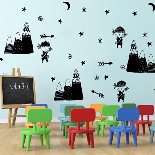 Kids Woodland for Boys Mountains Wall Sticker Kids Room Nursery Moon Star Boy Arrow Field Wall Decal Bedroom Vinyl Decor