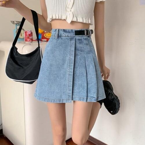 Denim skirt spring 2021 new design sense pleated skirt female high-waisted thin A-line skirt Hip Jeans Harajuku Plus