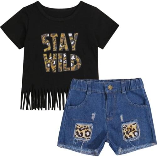 FOCUSNORM 1-6Y Summer Fashion Baby Girls Clothes Sets Leopard Letter Printed Short Sleeve T Shirts Denim Shorts 2pcs