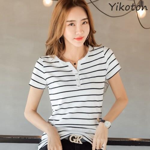 2021 Summer Women Tshirt Cotton Stripe White Camiseta Femenina Short Sleeve Casual Tops Female Slim Tee Shirt V-Neck Femme