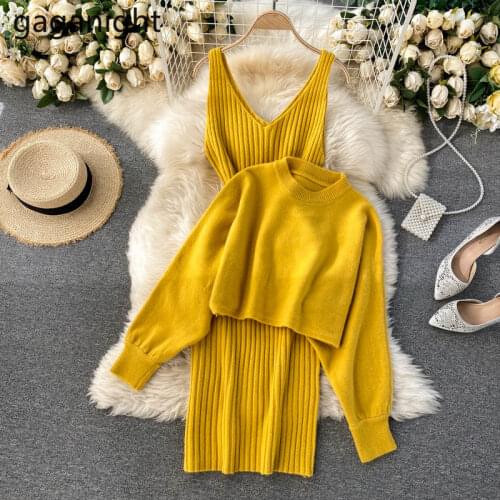 Gaganight New 2021 Spring Women Two Pieces Set Casual Loose Knitted Cropped Sweater Tops Knitting Jumper Skirt Suit Girls Outfit