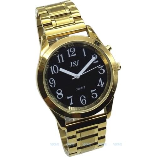 English Talking Watch with Alarm Function, Talking Date and time, Black Dial, Folding Clasp, Golden Case TAG-808