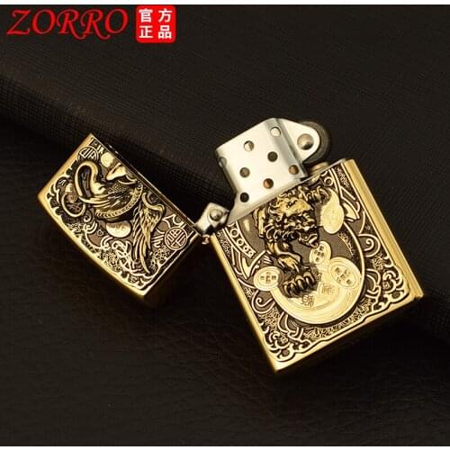 Zorro Kerosene Lighter Pixi Gold Copper Shell White Steel Liner Creative Retro Vintage Gasoline Flint Grinding Wheel Machine Box