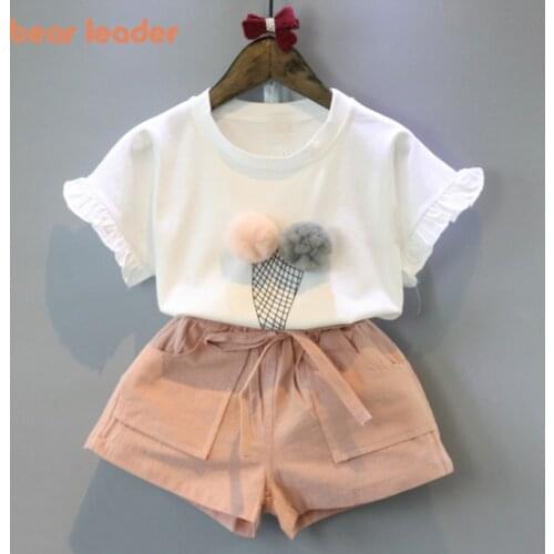 Bear Leader Children Clothing Sets Summer New Girls Suit Cute T-shirt with Cartoon Pattern Pant with Bow Belt 2PCS Girl Costumes