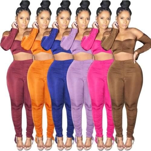 Echoine Sexy Women Off Shoulder Long Sleeve Crop Top Stacked Pants Suit Active Wear Tracksuit Club Party Two Piece Set Outfit