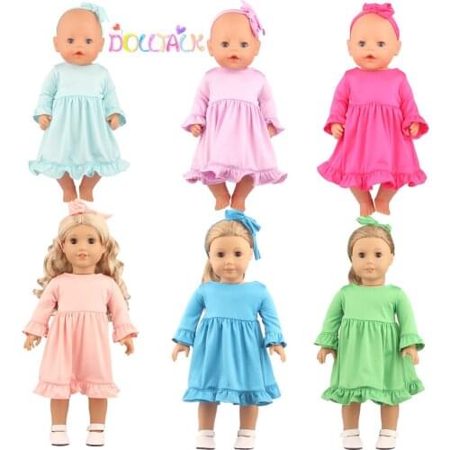 Mini Cotton Dress + Hair Accessories For 18 Inch American Doll Elegant Long Sleeve Skirt Clothes For 43cm New Born Bebe Doll Toy