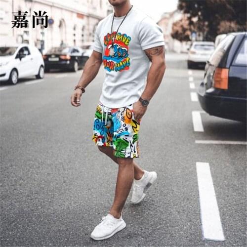 2021 Summer Mens Cotton Cartoon Print Short Sleeve Shorts Youth Sports Casual Slim T-shirt Two-piece Set