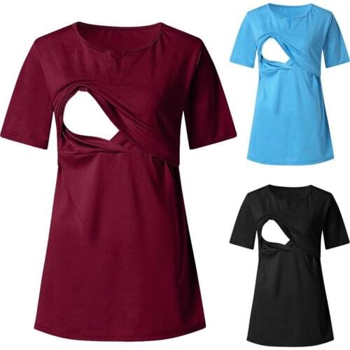 New maternity dress breastfeeding clothes solid color short-sleeved maternity dress T-shirt
