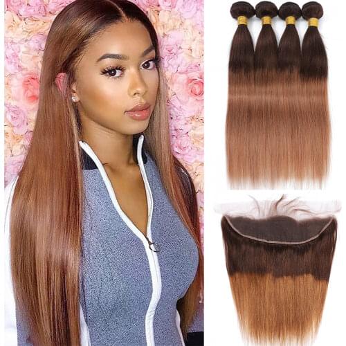 Ombre 3/4 Bundles With Closure Brazilian Straight Human Hair Weave Bundles T Lace Closure 4/30 Brown Colored Remy Hair Extension