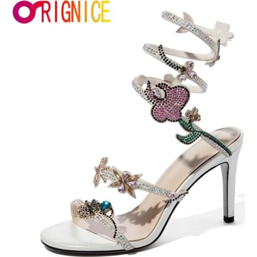 Orignice Silver Crystal Rhinestone Sexy Gladiator Sandals Women Summer Ankle Wrap Open Toe Thin High Heel Wedding Dress Shoes