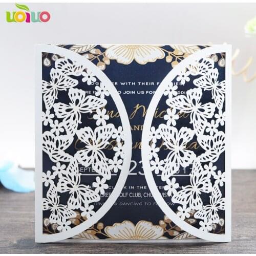 Popular white pearl paper cheap laser cut butterfly wedding invitation card models