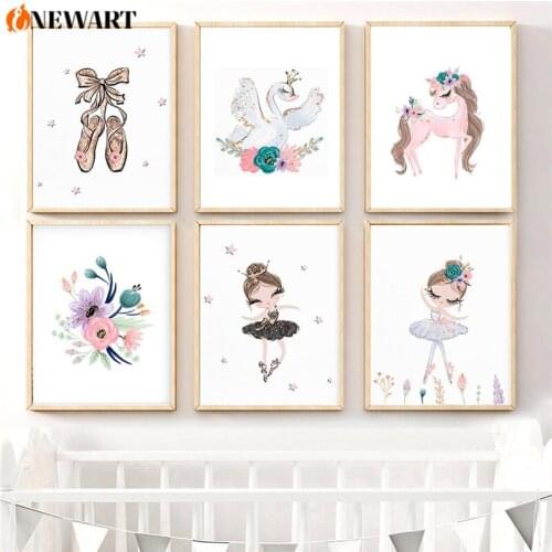 Ballerina Art Print for Baby Girl Bedroom Flower Swan Pink Gold Decoration Nursery Wall Art Picture Decorative Canvas Painting