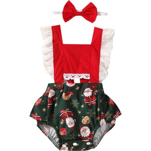 FOCUSNORM Christmas Newborn Baby Girls Rompers 2pcs 0-24M Santa Printed Ruffles Lace Sleeve Backless Jumpsuits Headband