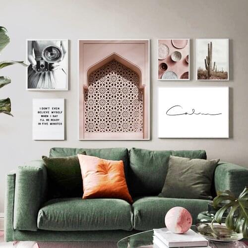 Pink Moroccan Door Wall Art Camera Girl Canvas Painting Posters And Prints Cactus Modern Style Wall Pictures For Living Room