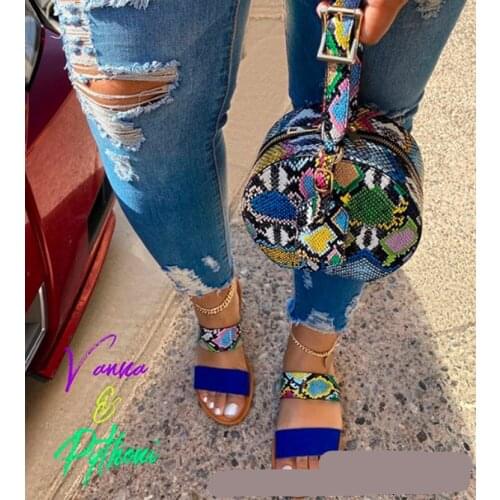 Slides and Purse Snake Skin Print Sansal Bag Set Open Toes Flats Girls Slides Women Shoes with Purses Flip Flops Bag