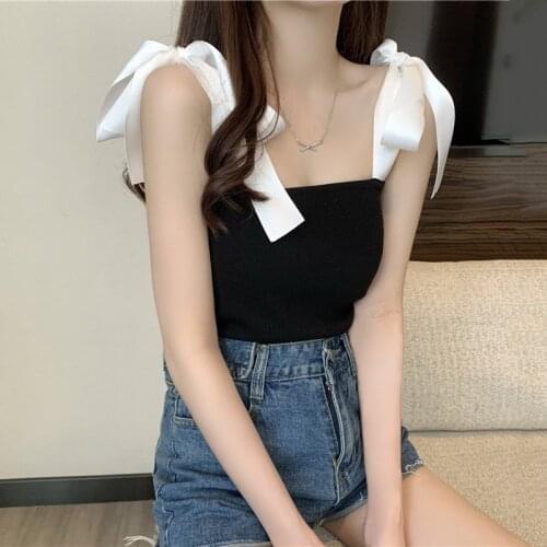 Womens Summer Top Sleeveless Bandage Bow Knitting Crop Tops for Women Patchwork Tops for Girls Korean Fashion Clothing