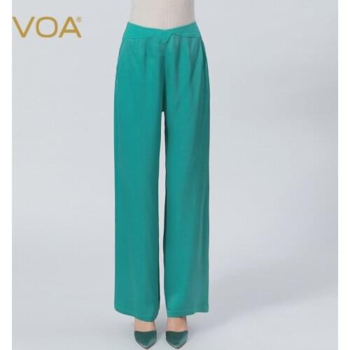 VOA 40m/m Silk Double-sided Satin Natural Waist Trouses Folds Invisible Side Pull Oblique Pocket Straight Leg Pants Female KE581