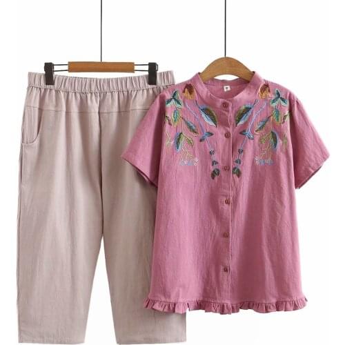 Plus size cotton short sleeve stand collar Embroidery tshirts Elastic waist pants women sets 2021 summer ladies 2 pieces female