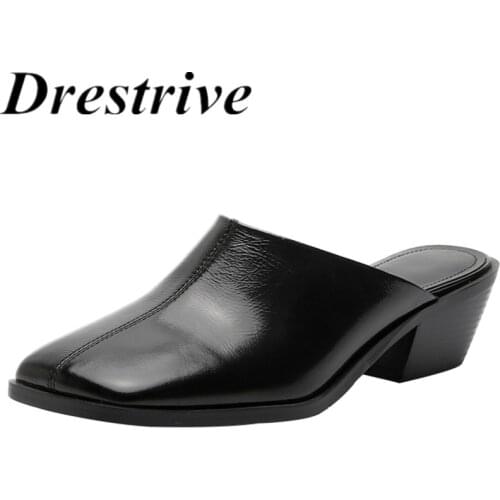 Dretrive Women Pumps Square Toe Cow Leather Thick Heel Mules 2021 Summer High Heel Shoes Black Patent Leather Slipper Handmade