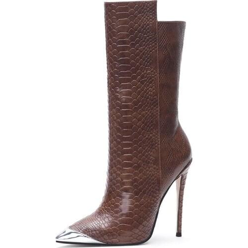 Women Winter Autumn Leather Knee High Boots Thin High Heel Slip On Ladies Warm Boots Side Zipper