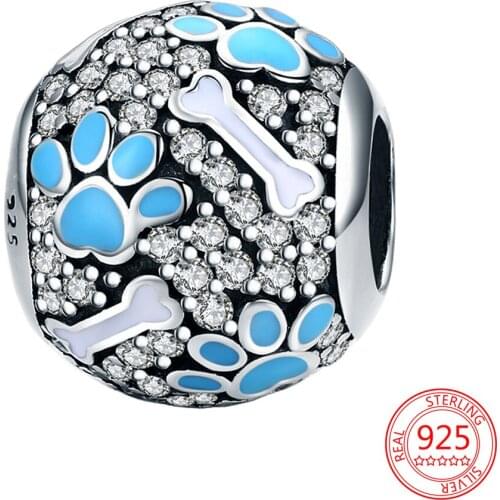 100% 925 Sterling Silver Women Fashion Jewelry Gift Fit Original Pandora DIY Bracelet Blue Pet Paw Print and Bone Beads Charms
