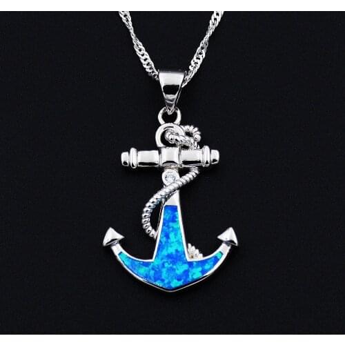 Ocean Blue Opal anchor and rope sailor sea Pendant Necklace with Lab-created Opal