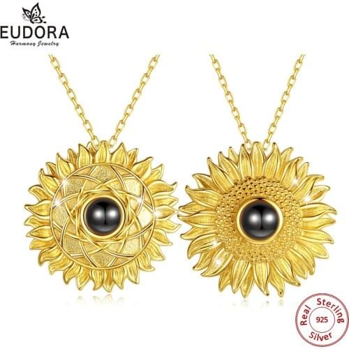 EUDORA 925 Sterling Silver Summer golden sunflower Pendant I love you 100 language Necklace with box Women sister Fine Jewelry