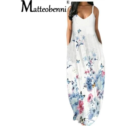 Women V Neck Butterfly Floral Printed Maxi Dresses 2021 Summer Ladies Casual Sleeveless Bohemia Loose Long Dress Female Vestidos