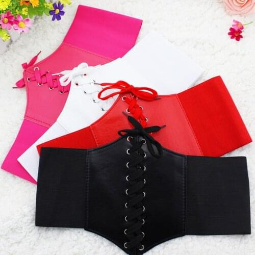 1Pc Women Ultra Plus Wide Belt Faux Leather Elastic Corset Belt Front Tie Up Waist Belt All Match Dress Girl Clothes Decoration