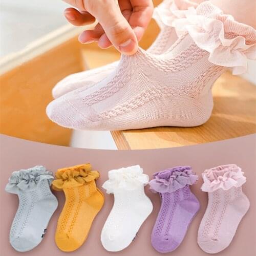 3 Pairs Girls Socks Spring Cotton Children Dance Socks Mesh Trendy Elastic White Lace Flowers Ruffle Kids Cute Princess Socks