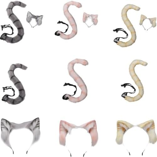 Anime Cosplay Props Cat Ears and Tail Set Plush Furry Animal Ears Hairhoop Carnival Party Costume Fancy Dress Xmas