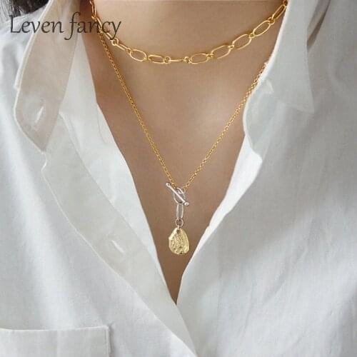 Irregular Concave Gold Tag Necklace 925 Sterling Silver Two Tone Jewelry Rolo Chain OT Clasp Y Necklace Statement Charm Necklace