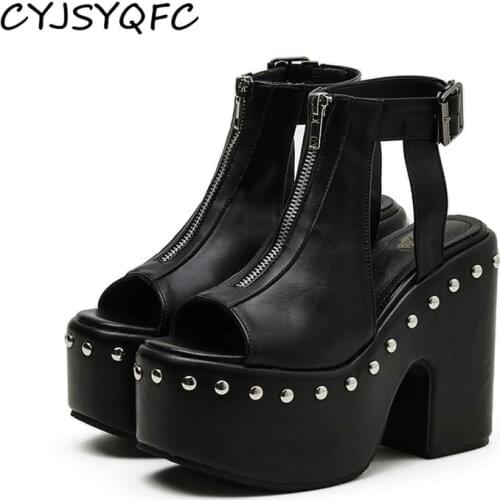 CYJSYQFC Ins Hot Punk Cool Gothic Women Sandals Open Toe Buckle Strap Platform High Heeled Shoes Hollow Out Chunky Heels Sandals
